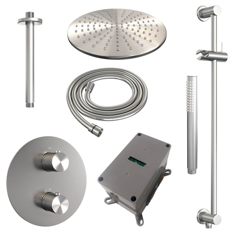 BRAUER Brushed Carving thermostatische inbouw regendouche 3-weg rond SET 90 met 30 cm douchekop en plafondarm en staaf handdouche en doucheslang en geÃ¯ntegreerde glijstang RVS geborsteld PVD 5-NG-308