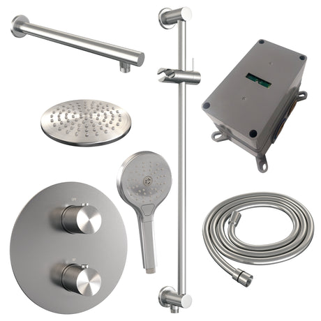 BRAUER Brushed Carving thermostatische inbouw regendouche 3-weg rond SET 91 met 20 cm douchekop en rechte muurarm en 3-standen handdouche en doucheslang en geÃ¯ntegreerde glijstang RVS geborsteld PVD 5-NG-309