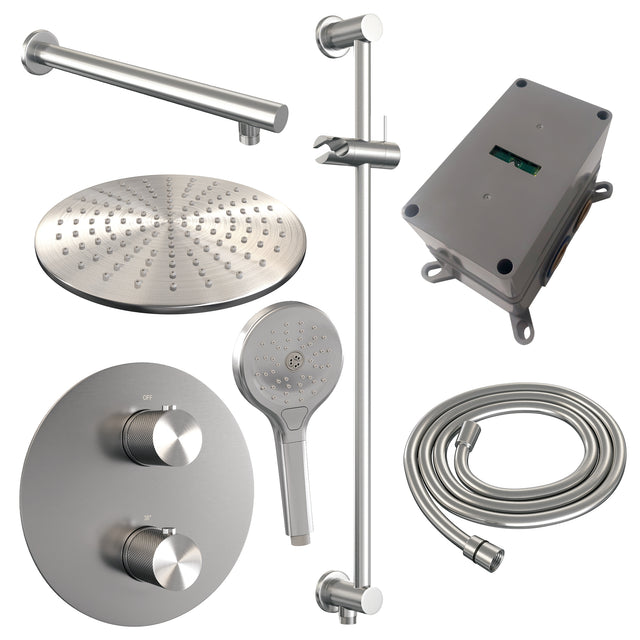 BRAUER Brushed Carving thermostatische inbouw regendouche 3-weg rond SET 92 met 30 cm douchekop en rechte muurarm en 3-standen handdouche en doucheslang en geÃ¯ntegreerde glijstang RVS geborsteld PVD 5-NG-310