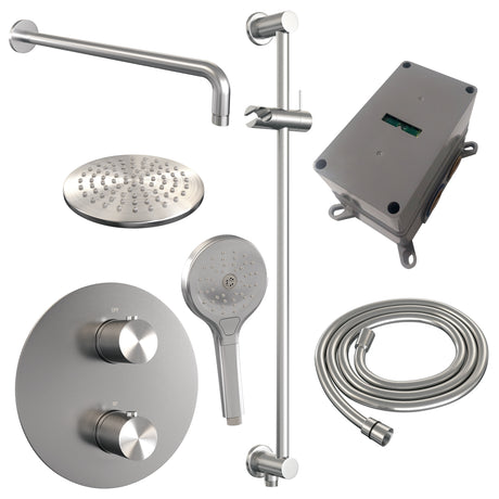 BRAUER Brushed Carving thermostatische inbouw regendouche 3-weg rond SET 93 met 20 cm douchekop en gebogen muurarm en 3-standen handdouche en doucheslang en geÃ¯ntegreerde glijstang RVS geborsteld PVD 5-NG-311