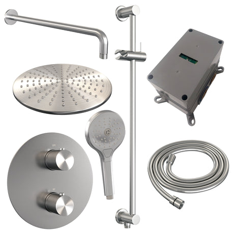 BRAUER Brushed Carving thermostatische inbouw regendouche 3-weg rond SET 94 met 30 cm douchekop en gebogen muurarm en 3-standen handdouche en doucheslang en geÃ¯ntegreerde glijstang RVS geborsteld PVD 5-NG-312