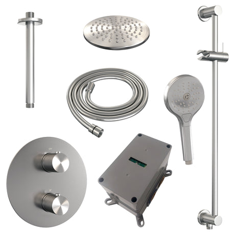 BRAUER Brushed Carving thermostatische inbouw regendouche 3-weg rond SET 95 met 20 cm douchekop en plafondarm en 3-standen handdouche en doucheslang en geÃ¯ntegreerde glijstang RVS geborsteld PVD 5-NG-313
