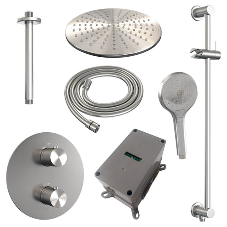 BRAUER Brushed Carving thermostatische inbouw regendouche 3-weg rond SET 96 met 30 cm douchekop en plafondarm en 3-standen handdouche en doucheslang en geÃ¯ntegreerde glijstang RVS geborsteld PVD 5-NG-314