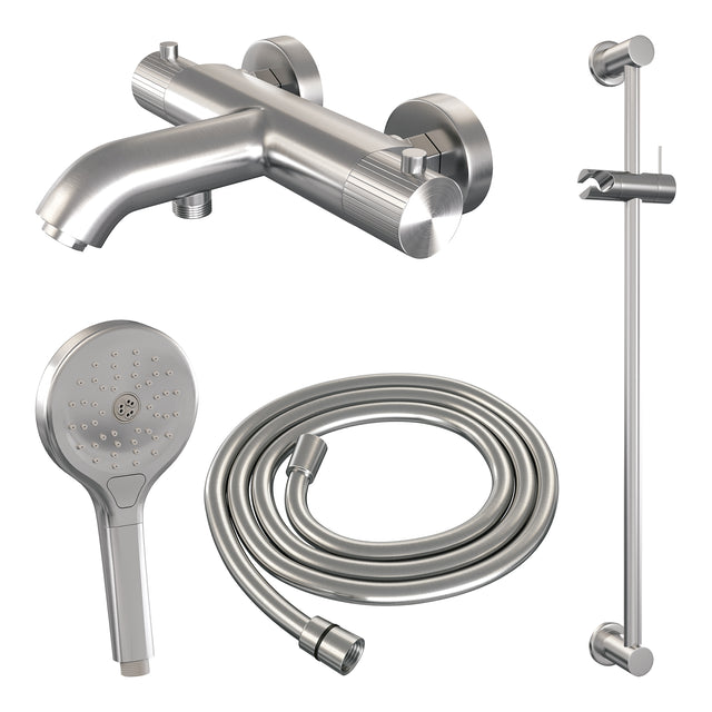 BRAUER Stripe opbouw baddouche thermostaatkraan SET 02 met glijstang en 3-standen handdouche en doucheslang RVS-kleurig geborsteld PVD 5-NG-341