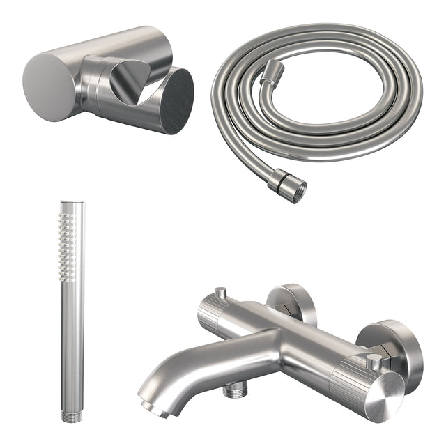 BRAUER Stripe opbouw baddouche thermostaatkraan SET 03 met wandhouder en staaf handdouche en doucheslang RVS-kleurig geborsteld PVD 5-NG-342