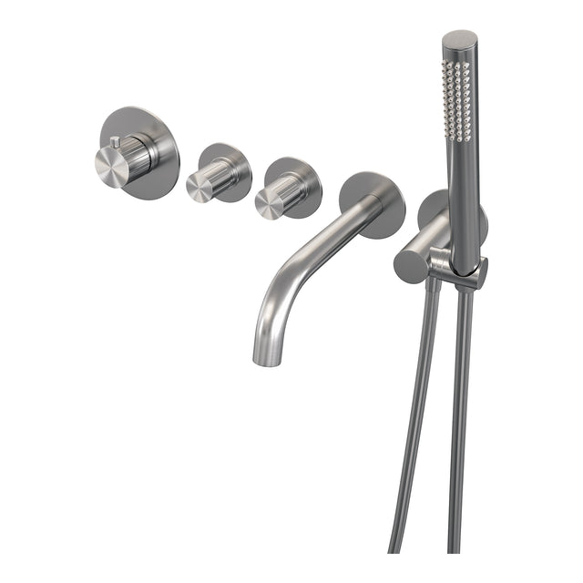 BRAUER Stripe thermostatische inbouw badkraan SET 01 met uitloop en staaf handdouche en doucheslang en wandaansluitbocht RVS-kleurig geborsteld PVD 5-NG-357