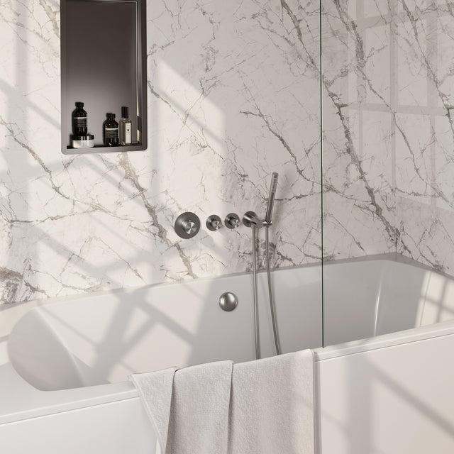 BRAUER Stripe thermostatische inbouw badkraan SET 01 met badvulcombinatie en staaf handdouche en doucheslang en wandaansluitbocht RVS-kleurig geborsteld PVD 5-NG-359