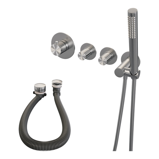 BRAUER Stripe thermostatische inbouw badkraan SET 01 met badvulcombinatie en staaf handdouche en doucheslang en wandaansluitbocht RVS-kleurig geborsteld PVD 5-NG-359