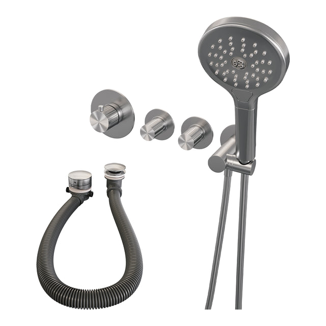 BRAUER Stripe thermostatische inbouw badkraan SET 02 met badvulcombinatie en 3-standen handdouche en doucheslang en wandaansluitbocht RVS-kleurig geborsteld PVD 5-NG-360