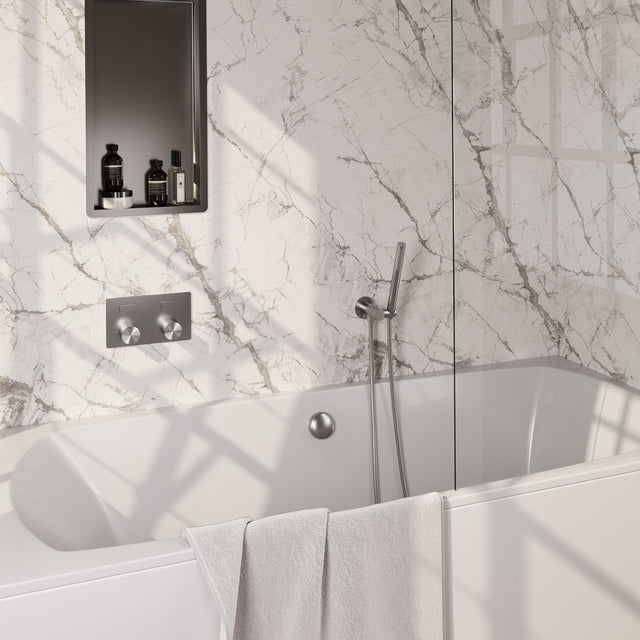 BRAUER Stripe thermostatische inbouw badkraan met drukknoppen SET 03 met badvulcombinatie en staaf handdouche en doucheslang en wandaansluitbocht RVS-kleurig geborsteld PVD 5-NG-361