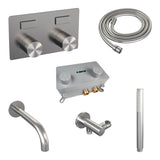 BRAUER Stripe thermostatische inbouw badkraan met drukknoppen SET 03 met uitloop en staaf handdouche en doucheslang en wandaansluitbocht RVS-kleurig geborsteld PVD 5-NG-363