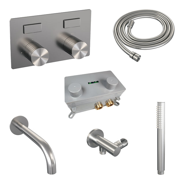 BRAUER Stripe thermostatische inbouw badkraan met drukknoppen SET 03 met uitloop en staaf handdouche en doucheslang en wandaansluitbocht RVS-kleurig geborsteld PVD 5-NG-363
