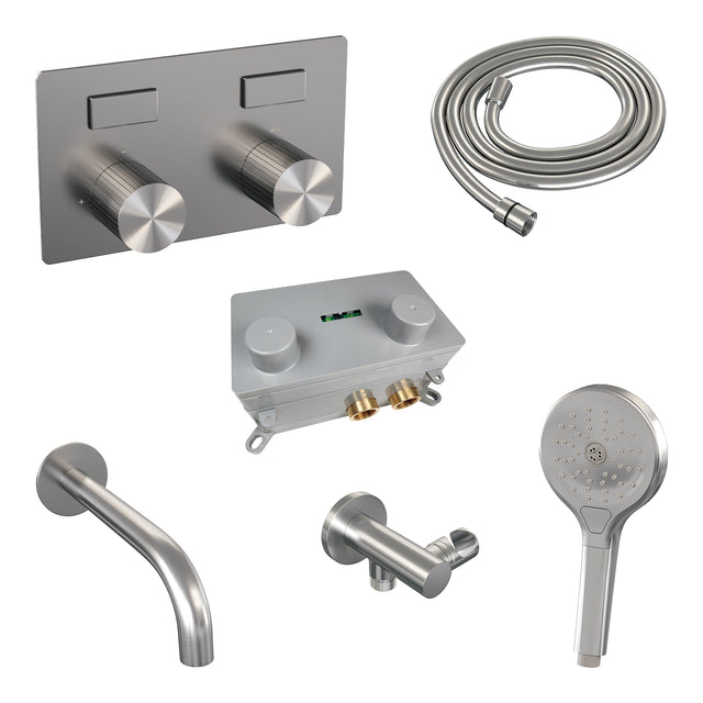 BRAUER Stripe thermostatische inbouw badkraan met drukknoppen SET 04 met uitloop en 3-standen handdouche en doucheslang en wandaansluitbocht RVS-kleurig geborsteld PVD 5-NG-364