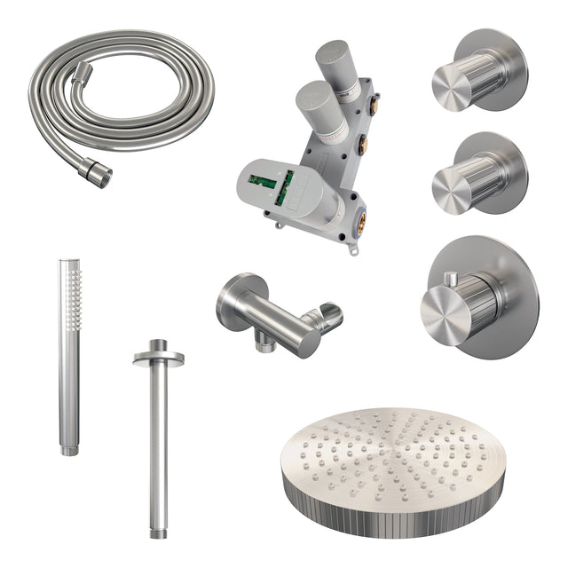 BRAUER Stripe thermostatische inbouw regendouche SET 03 met 25 cm douchekop en plafondarm en staaf handdouche en doucheslang en wandaansluitbocht RVS-kleurig geborsteld PVD 5-NG-369