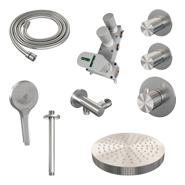 BRAUER Stripe thermostatische inbouw regendouche SET 06 met 25 cm douchekop en plafondarm en 3-standen handdouche en doucheslang en wandaansluitbocht RVS-kleurig geborsteld PVD 5-NG-375