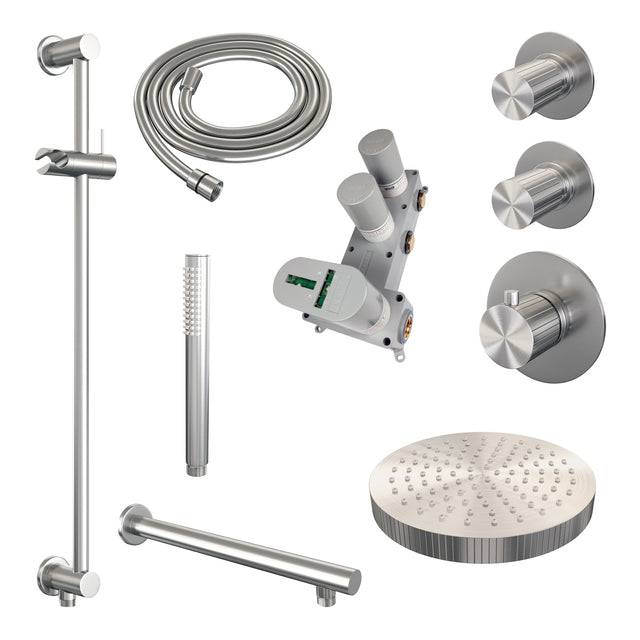 BRAUER Stripe thermostatische inbouw regendouche SET 07 met 25 cm douchekop en rechte muurarm en staaf handdouche en doucheslang en geïntegreerde glijstang RVS-kleurig geborsteld PVD 5-NG-377