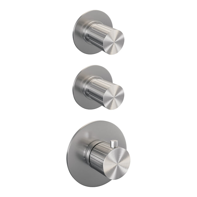 BRAUER Stripe thermostatische inbouw regendouche SET 07 met 25 cm douchekop en rechte muurarm en staaf handdouche en doucheslang en geïntegreerde glijstang RVS-kleurig geborsteld PVD 5-NG-377