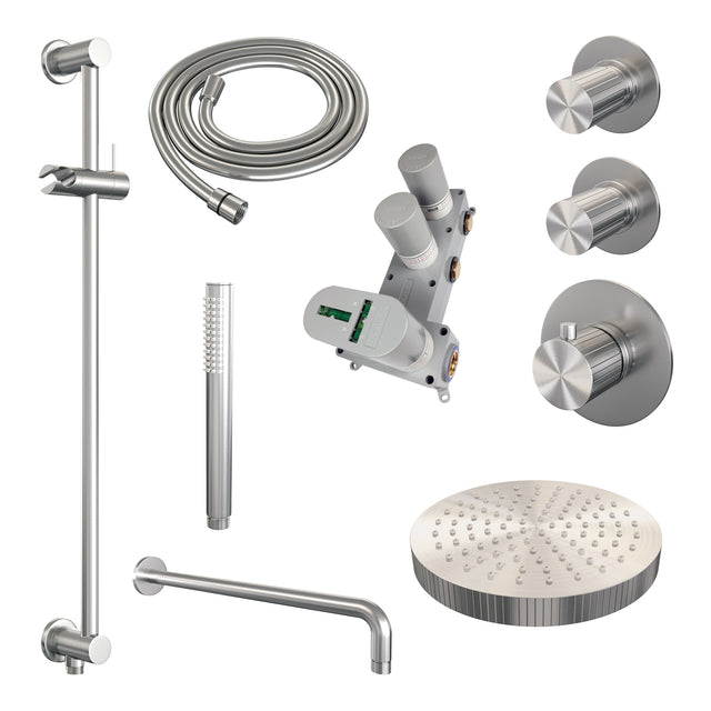 BRAUER Stripe thermostatische inbouw regendouche SET 08 met 25 cm douchekop en gebogen muurarm en staaf handdouche en doucheslang en geïntegreerde glijstang RVS-kleurig geborsteld PVD 5-NG-379