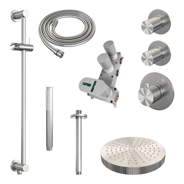 BRAUER Stripe thermostatische inbouw regendouche SET 09 met 25 cm douchekop en plafondarm en staaf handdouche en doucheslang en geïntegreerde glijstang RVS-kleurig geborsteld PVD 5-NG-381