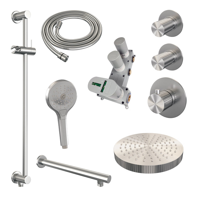 BRAUER Stripe thermostatische inbouw regendouche SET 10 met 25 cm douchekop en rechte muurarm en 3-standen handdouche en doucheslang en geïntegreerde glijstang RVS-kleurig geborsteld PVD 5-NG-383
