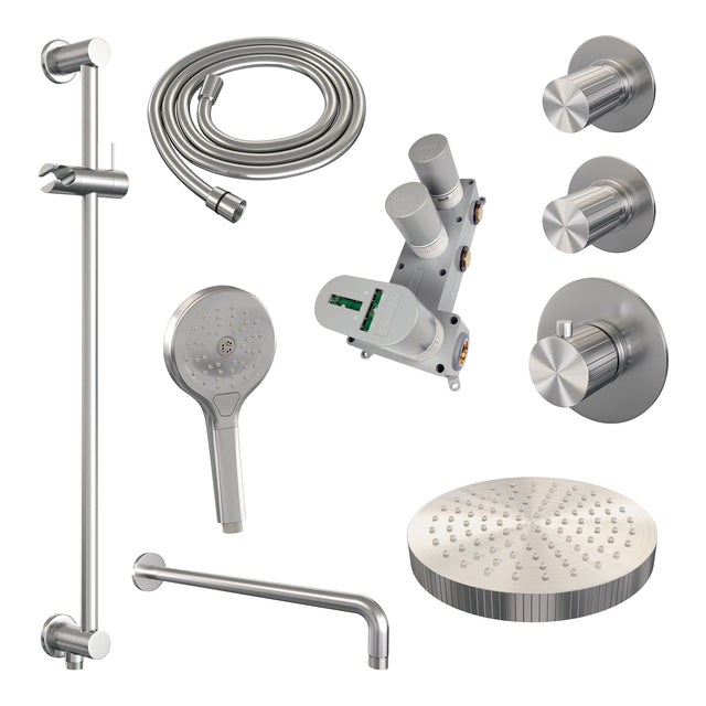 BRAUER Stripe thermostatische inbouw regendouche SET 11 met 25 cm douchekop en gebogen muurarm en 3-standen handdouche en doucheslang en geïntegreerde glijstang RVS-kleurig geborsteld PVD 5-NG-385