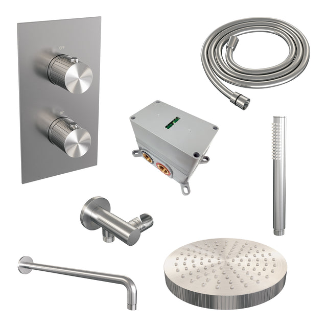 BRAUER Stripe thermostatische inbouw regendouche 3-weg rechthoekig SET 14 met 25 cm douchekop en gebogen muurarm en staaf handdouche en doucheslang en wandaansluitbocht RVS-kleurig geborsteld PVD 5-NG-391