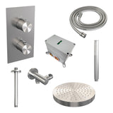 BRAUER Stripe thermostatische inbouw regendouche 3-weg rechthoekig SET 15 met 25 cm douchekop en plafondarm en staaf handdouche en doucheslang en wandaansluitbocht RVS-kleurig geborsteld PVD 5-NG-393