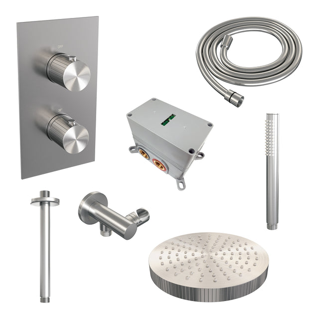 BRAUER Stripe thermostatische inbouw regendouche 3-weg rechthoekig SET 15 met 25 cm douchekop en plafondarm en staaf handdouche en doucheslang en wandaansluitbocht RVS-kleurig geborsteld PVD 5-NG-393
