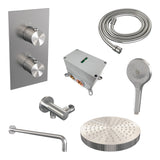 BRAUER Stripe thermostatische inbouw regendouche 3-weg rechthoekig SET 17 met 25 cm douchekop en gebogen muurarm en 3-standen handdouche en doucheslang en wandaansluitbocht RVS-kleurig geborsteld PVD 5-NG-397