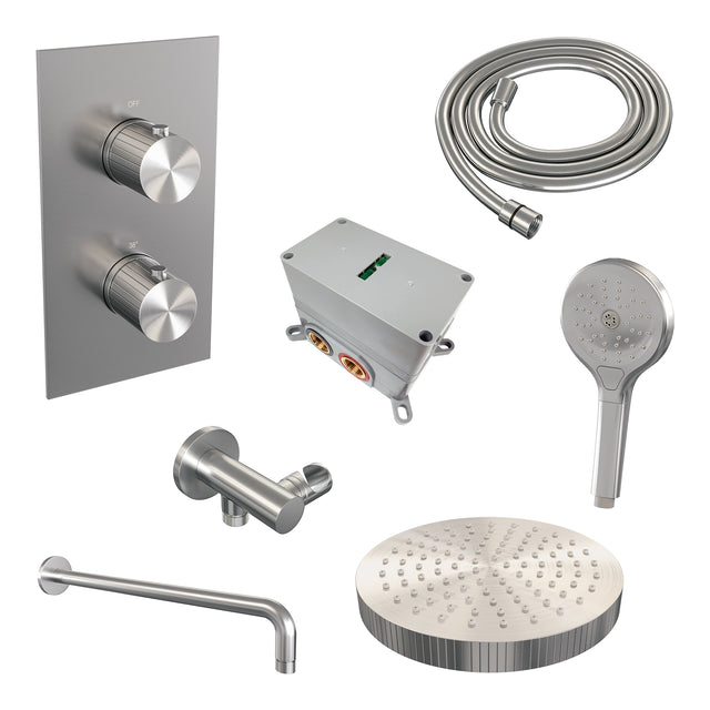 BRAUER Stripe thermostatische inbouw regendouche 3-weg rechthoekig SET 17 met 25 cm douchekop en gebogen muurarm en 3-standen handdouche en doucheslang en wandaansluitbocht RVS-kleurig geborsteld PVD 5-NG-397