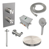 BRAUER Stripe thermostatische inbouw regendouche 3-weg rechthoekig SET 18 met 25 cm douchekop en plafondarm en 3-standen handdouche en doucheslang en wandaansluitbocht RVS-kleurig geborsteld PVD 5-NG-399