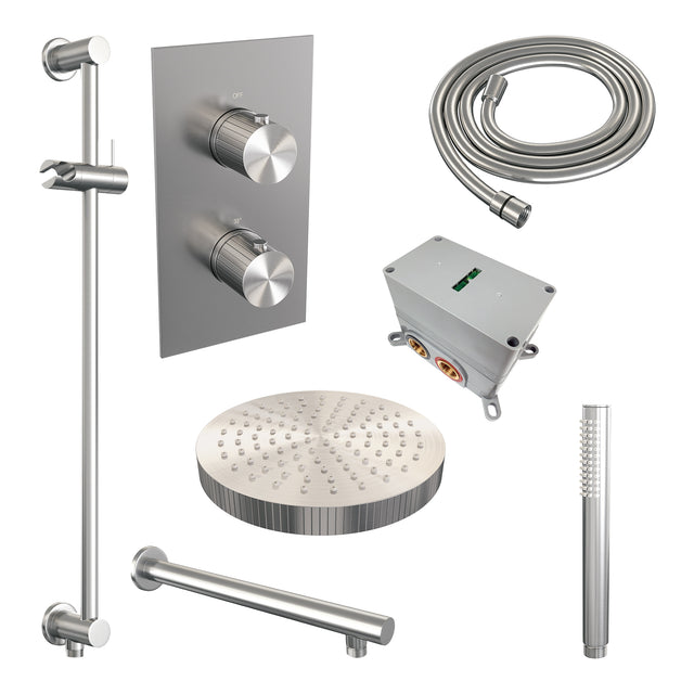 BRAUER Stripe thermostatische inbouw regendouche 3-weg rechthoekig SET 19 met 25 cm douchekop en rechte muurarm en staaf handdouche en doucheslang en geïntegreerde glijstang RVS-kleurig geborsteld PVD 5-NG-401