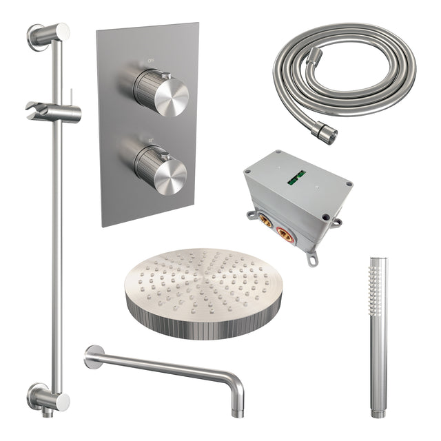 BRAUER Stripe thermostatische inbouw regendouche 3-weg rechthoekig SET 20 met 25 cm douchekop en gebogen muurarm en staaf handdouche en doucheslang en geïntegreerde glijstang RVS-kleurig geborsteld PVD 5-NG-403