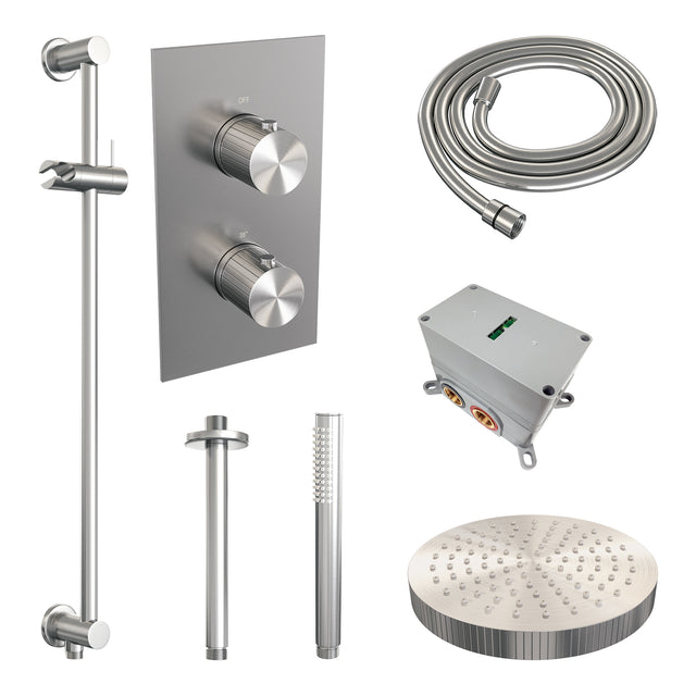 BRAUER Stripe thermostatische inbouw regendouche 3-weg rechthoekig SET 21 met 25 cm douchekop en plafondarm en staaf handdouche en doucheslang en geïntegreerde glijstang RVS-kleurig geborsteld PVD 5-NG-405