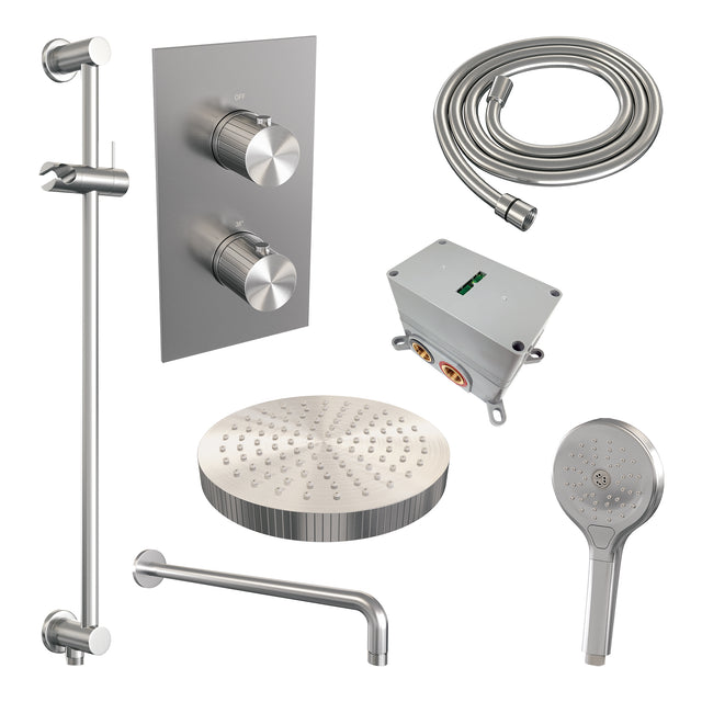 BRAUER Stripe thermostatische inbouw regendouche 3-weg rechthoekig SET 23 met 25 cm douchekop en gebogen muurarm en 3-standen handdouche en doucheslang en geïntegreerde glijstang RVS-kleurig geborsteld PVD 5-NG-409