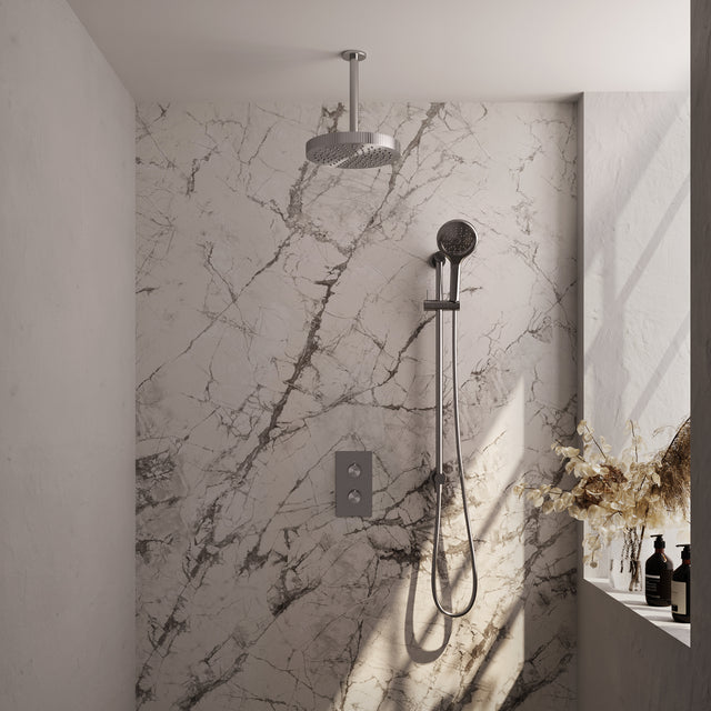 BRAUER Stripe thermostatische inbouw regendouche 3-weg rechthoekig SET 24 met 25 cm douchekop en plafondarm en 3-standen handdouche en doucheslang en geïntegreerde glijstang RVS-kleurig geborsteld PVD 5-NG-411