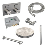 BRAUER Stripe thermostatische inbouw regendouche met drukknoppen SET 25 met 25 cm douchekop en rechte muurarm en staaf handdouche en doucheslang en wandaansluitbocht RVS-kleurig geborsteld PVD 5-NG-413