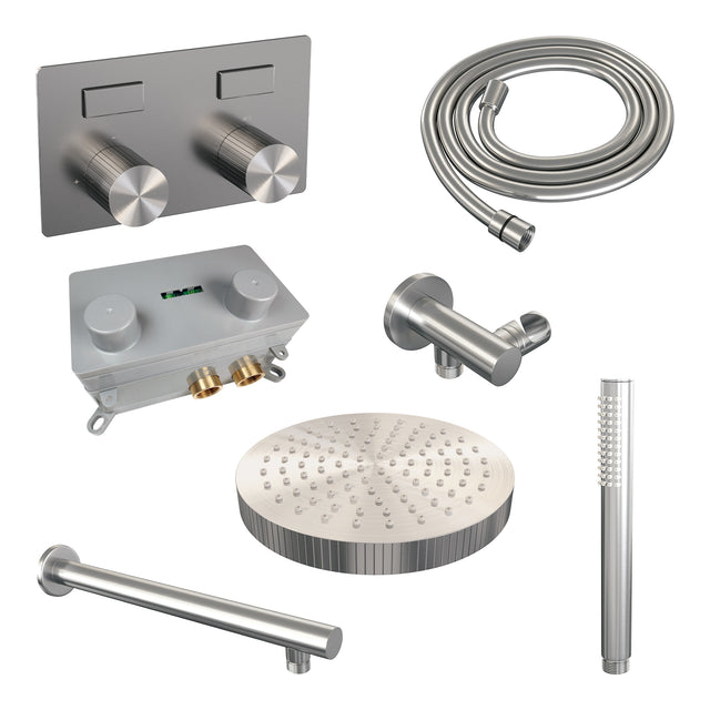 BRAUER Stripe thermostatische inbouw regendouche met drukknoppen SET 25 met 25 cm douchekop en rechte muurarm en staaf handdouche en doucheslang en wandaansluitbocht RVS-kleurig geborsteld PVD 5-NG-413