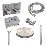 BRAUER Stripe thermostatische inbouw regendouche met drukknoppen SET 27 met 25 cm douchekop en plafondarm en staaf handdouche en doucheslang en wandaansluitbocht RVS-kleurig geborsteld PVD 5-NG-417