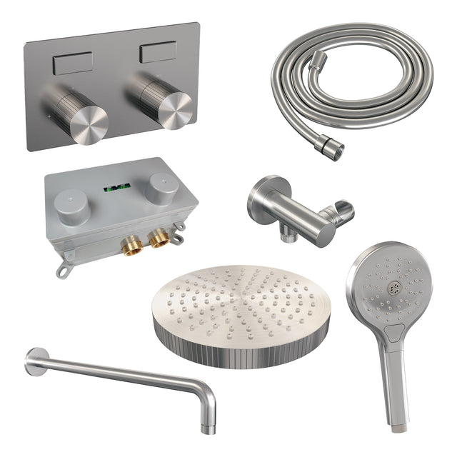 BRAUER Stripe thermostatische inbouw regendouche met drukknoppen SET 29 met 25 cm douchekop en gebogen muurarm en 3-standen handdouche en doucheslang en wandaansluitbocht RVS-kleurig geborsteld PVD 5-NG-421