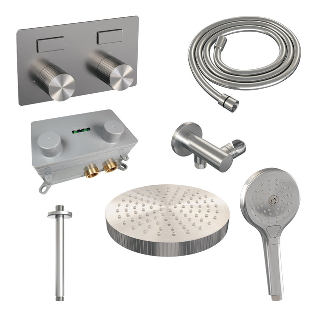 BRAUER Stripe thermostatische inbouw regendouche met drukknoppen SET 30 met 25 cm douchekop en plafondarm en 3-standen handdouche en doucheslang en wandaansluitbocht RVS-kleurig geborsteld PVD 5-NG-423