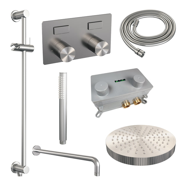 BRAUER Stripe thermostatische inbouw regendouche met drukknoppen SET 32 met 25 cm douchekop en gebogen muurarm en staaf handdouche en doucheslang en geïntegreerde glijstang RVS-kleurig geborsteld PVD 5-NG-427
