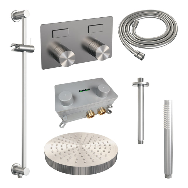 BRAUER Stripe thermostatische inbouw regendouche met drukknoppen SET 33 met 25 cm douchekop en plafondarm en staaf handdouche en doucheslang en geïntegreerde glijstang RVS-kleurig geborsteld PVD 5-NG-429