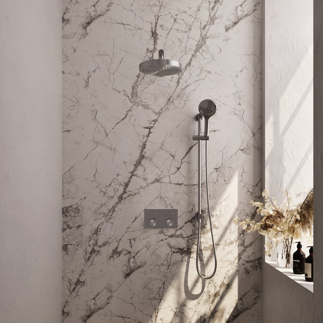 BRAUER Stripe thermostatische inbouw regendouche met drukknoppen SET 34 met 25 cm douchekop en rechte muurarm en 3-standen handdouche en doucheslang en geïntegreerde glijstang RVS-kleurig geborsteld PVD 5-NG-431