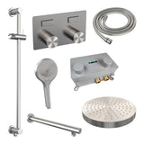 BRAUER Stripe thermostatische inbouw regendouche met drukknoppen SET 34 met 25 cm douchekop en rechte muurarm en 3-standen handdouche en doucheslang en geïntegreerde glijstang RVS-kleurig geborsteld PVD 5-NG-431