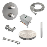 BRAUER Stripe thermostatische inbouw regendouche 3-weg rond SET 37 met 25 cm douchekop en rechte muurarm en staaf handdouche en doucheslang en wandaansluitbocht RVS-kleurig geborsteld PVD 5-NG-437