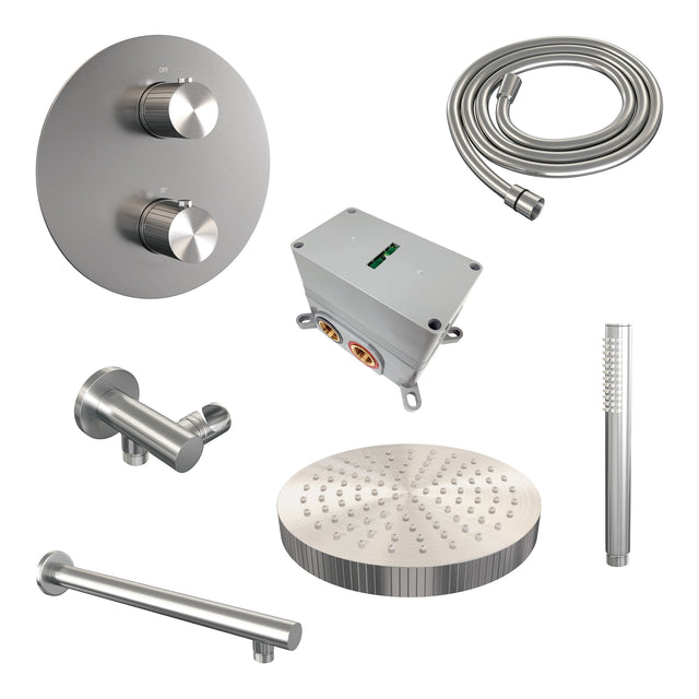 BRAUER Stripe thermostatische inbouw regendouche 3-weg rond SET 37 met 25 cm douchekop en rechte muurarm en staaf handdouche en doucheslang en wandaansluitbocht RVS-kleurig geborsteld PVD 5-NG-437