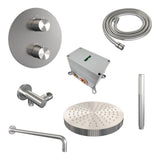 BRAUER Stripe thermostatische inbouw regendouche 3-weg rond SET 38 met 25 cm douchekop en gebogen muurarm en staaf handdouche en doucheslang en wandaansluitbocht RVS-kleurig geborsteld PVD 5-NG-439