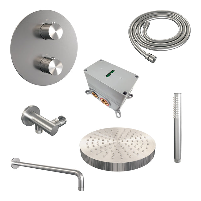 BRAUER Stripe thermostatische inbouw regendouche 3-weg rond SET 38 met 25 cm douchekop en gebogen muurarm en staaf handdouche en doucheslang en wandaansluitbocht RVS-kleurig geborsteld PVD 5-NG-439