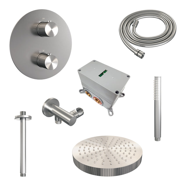 BRAUER Stripe thermostatische inbouw regendouche 3-weg rond SET 39 met 25 cm douchekop en plafondarm en staaf handdouche en doucheslang en wandaansluitbocht RVS-kleurig geborsteld PVD 5-NG-441